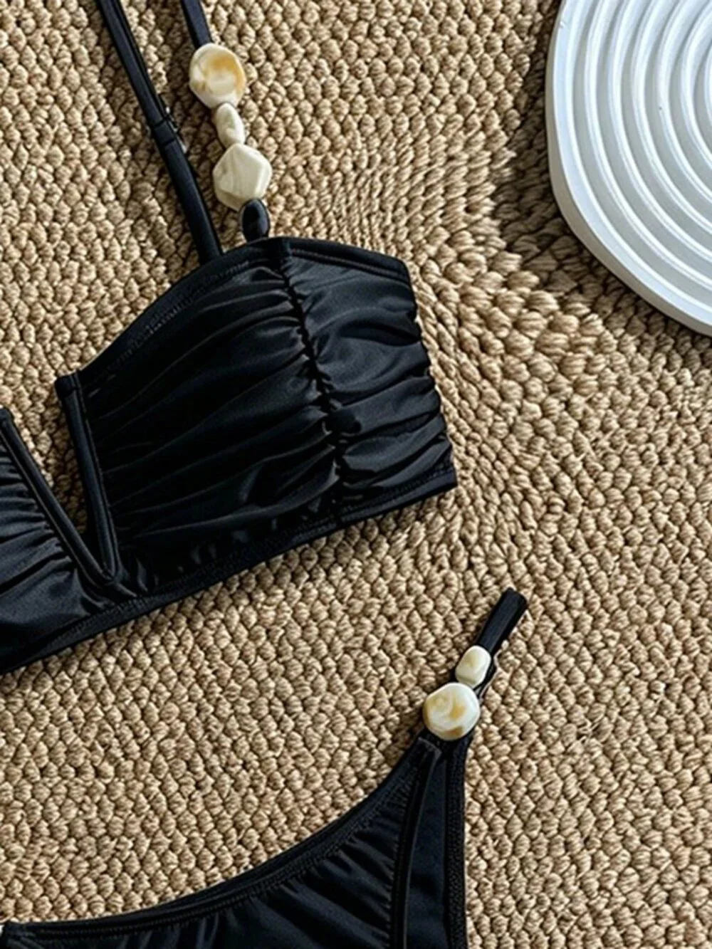 black Sexy Women's Beach Satin Shell Decor Bikini Set